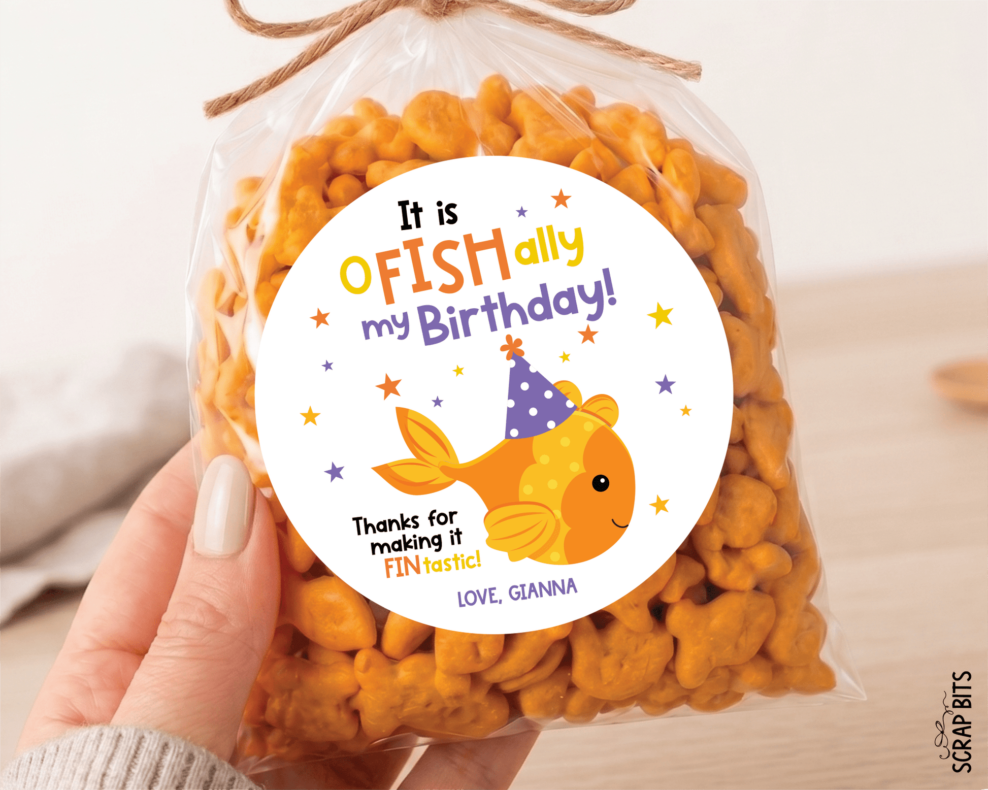 Goldfish Birthday Favor Labels, O-Fish-Ally My Birthday Party Hat, Personalized Stickers or Tags - Scrap Bits