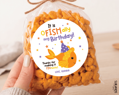 Goldfish Birthday Favor Labels, O-Fish-Ally My Birthday Party Hat, Personalized Stickers or Tags - Scrap Bits