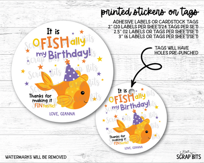 Goldfish Birthday Favor Labels, O-Fish-Ally My Birthday Party Hat, Personalized Stickers or Tags - Scrap Bits