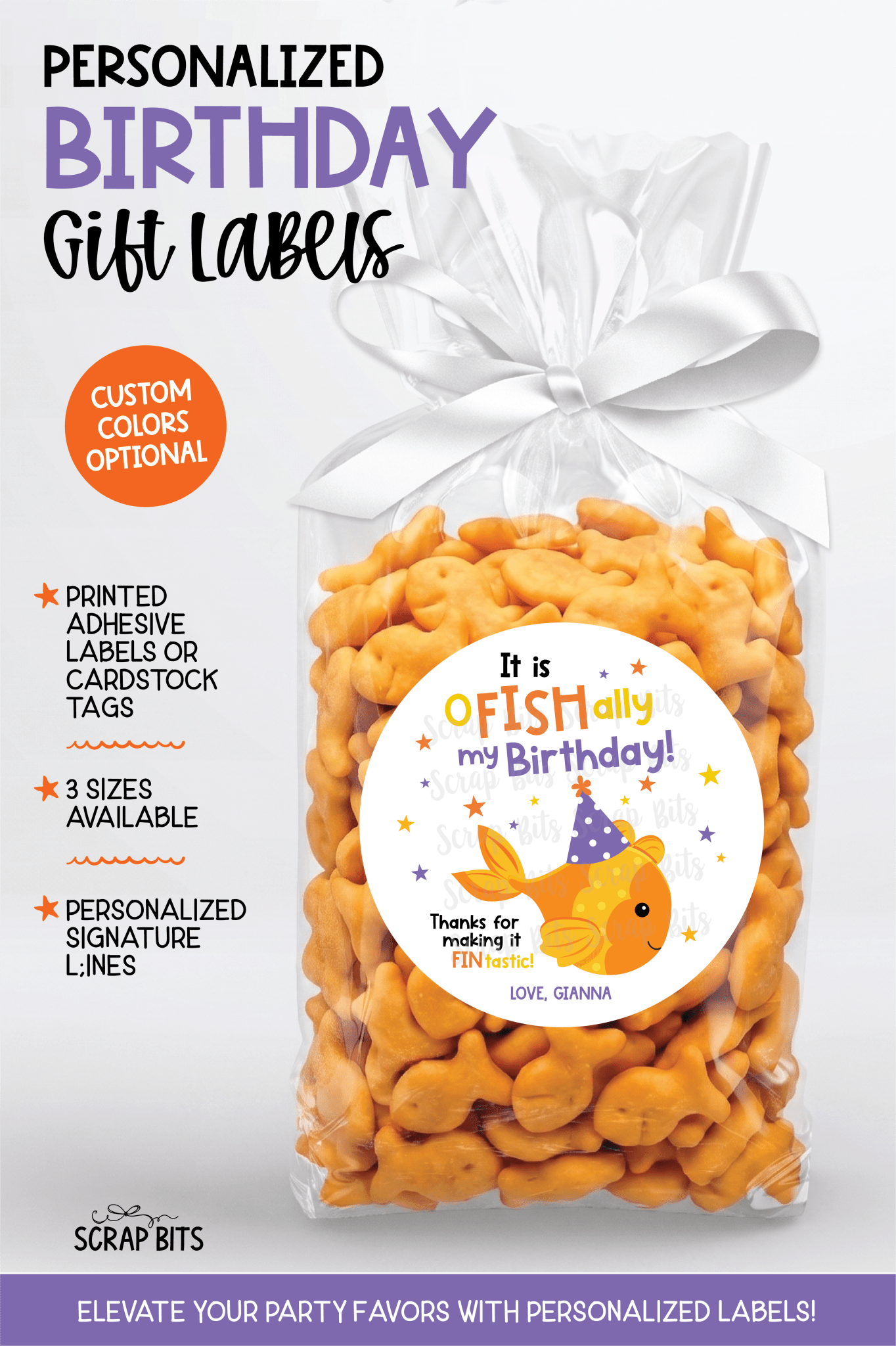 Goldfish Birthday Favor Labels, O-Fish-Ally My Birthday Party Hat, Personalized Stickers or Tags - Scrap Bits