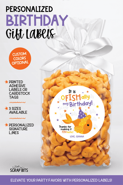Goldfish Birthday Favor Labels, O-Fish-Ally My Birthday Party Hat, Personalized Stickers or Tags - Scrap Bits