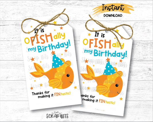 Goldfish Birthday Gift Tags, It is O Fish Ally My Birthday, Printable Instant Download - Scrap Bits