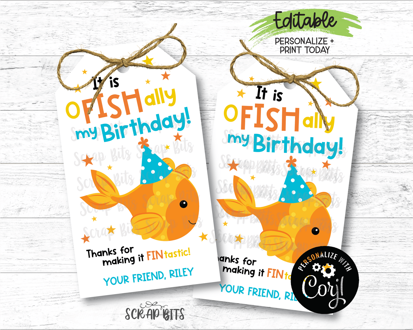 Goldfish Birthday Tags, Printable Treat Bag Tag . Instant Download Editable Template - Scrap Bits