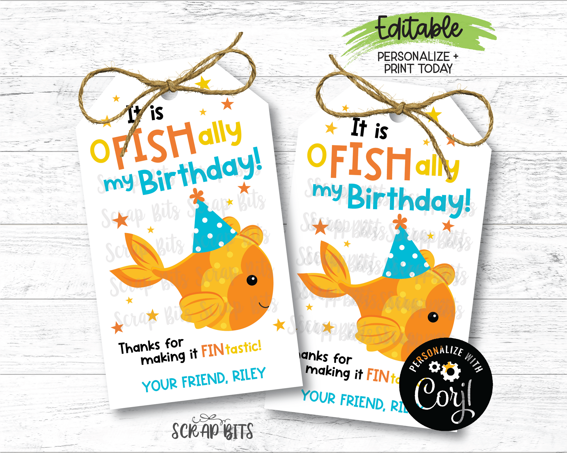 Goldfish Birthday Tags, Printable Treat Bag Tag . Instant Download Editable Template - Scrap Bits