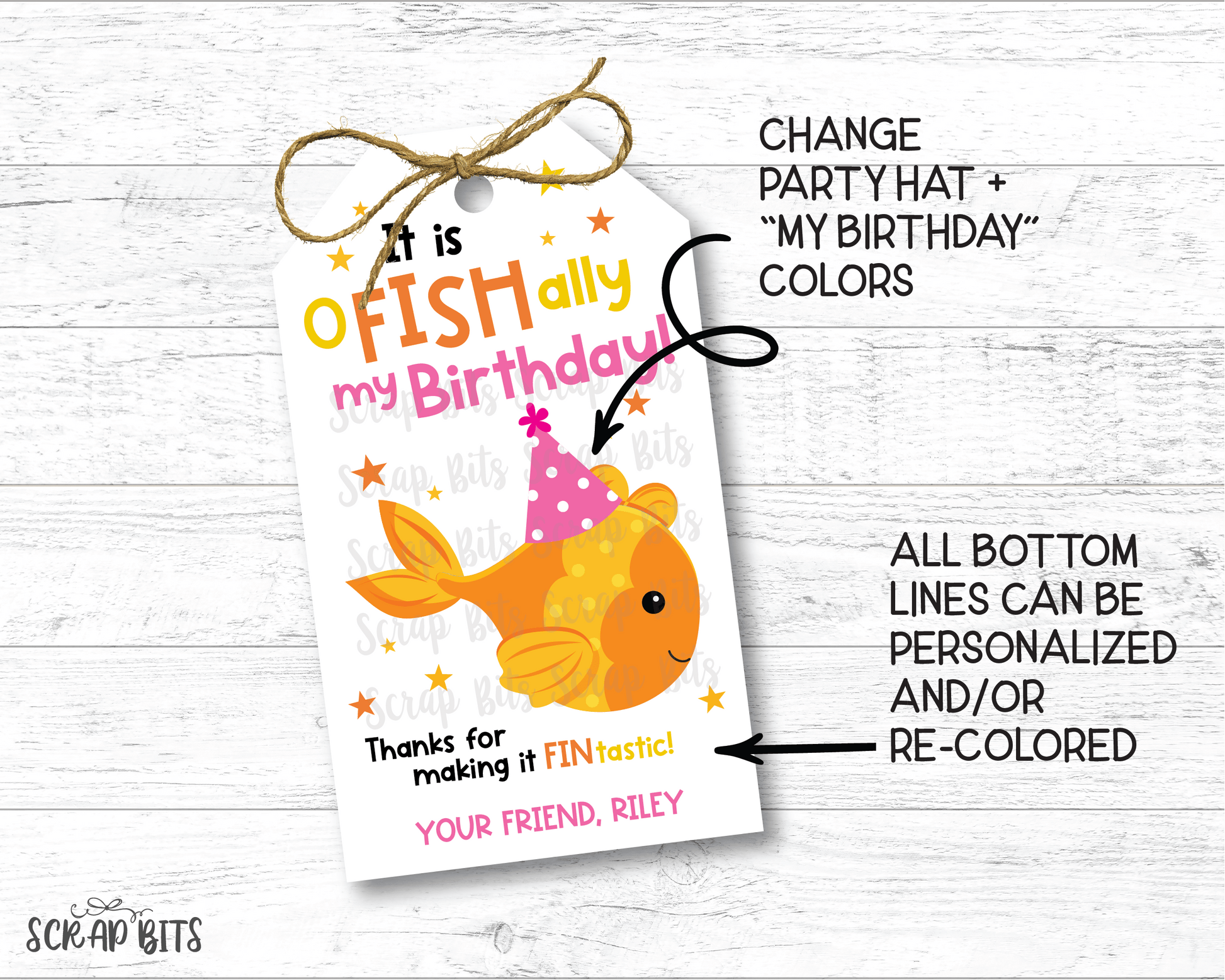 Goldfish Birthday Tags, Printable Treat Bag Tag . Instant Download Editable Template - Scrap Bits