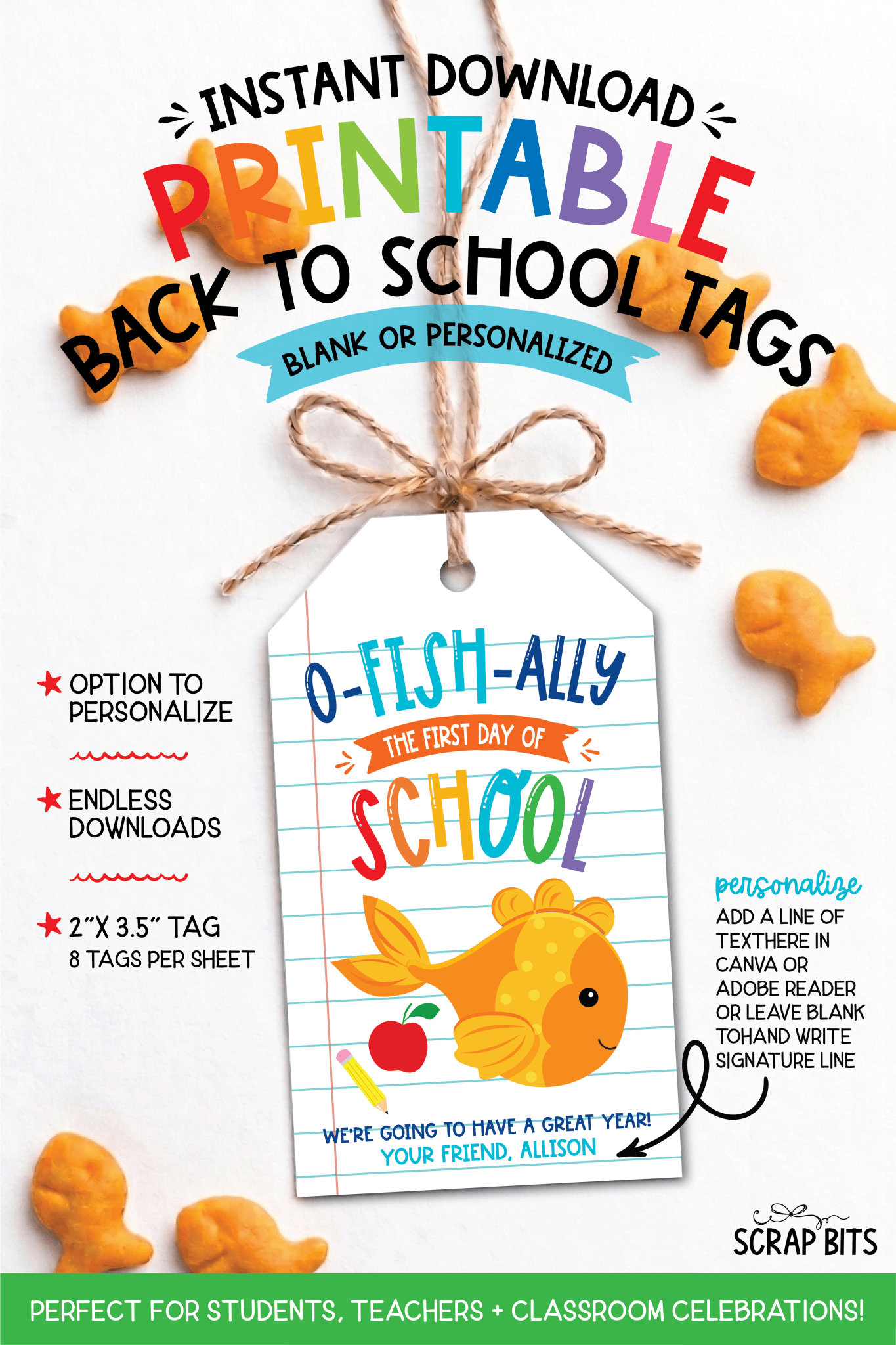 Goldfish O-Fish-Ally First Day Lined Paper Printable Back To School Gift Tags, Instant Download - Scrap Bits
