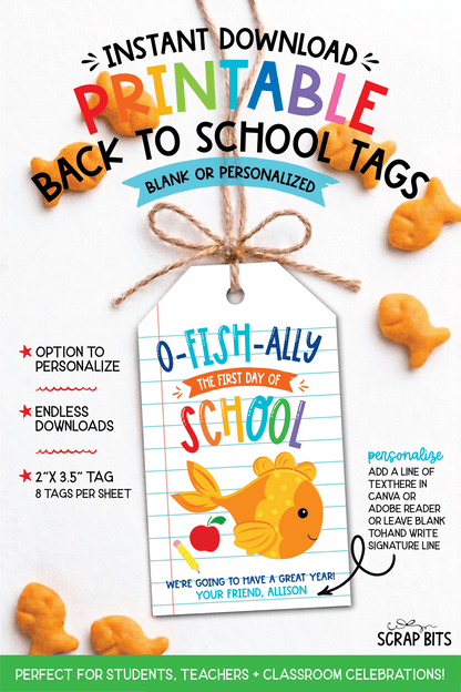 Goldfish O-Fish-Ally First Day Lined Paper Printable Back To School Gift Tags, Instant Download - Scrap Bits