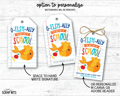 Goldfish O-Fish-Ally First Day Lined Paper Printable Back To School Gift Tags, Instant Download - Scrap Bits