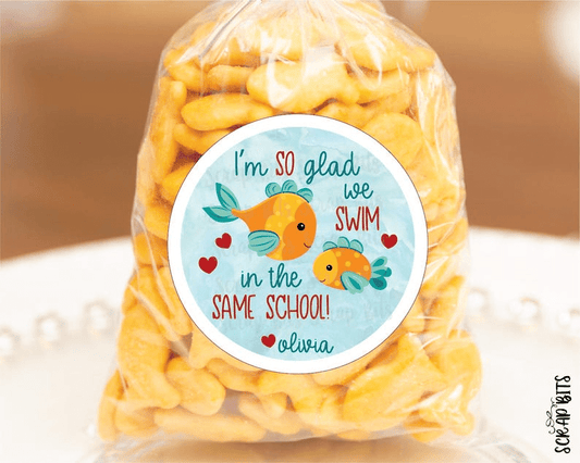 Goldfish Valentines, So Glad We Swim In The Same School, Valentine Treat Bag Stickers or Tags - Scrap Bits