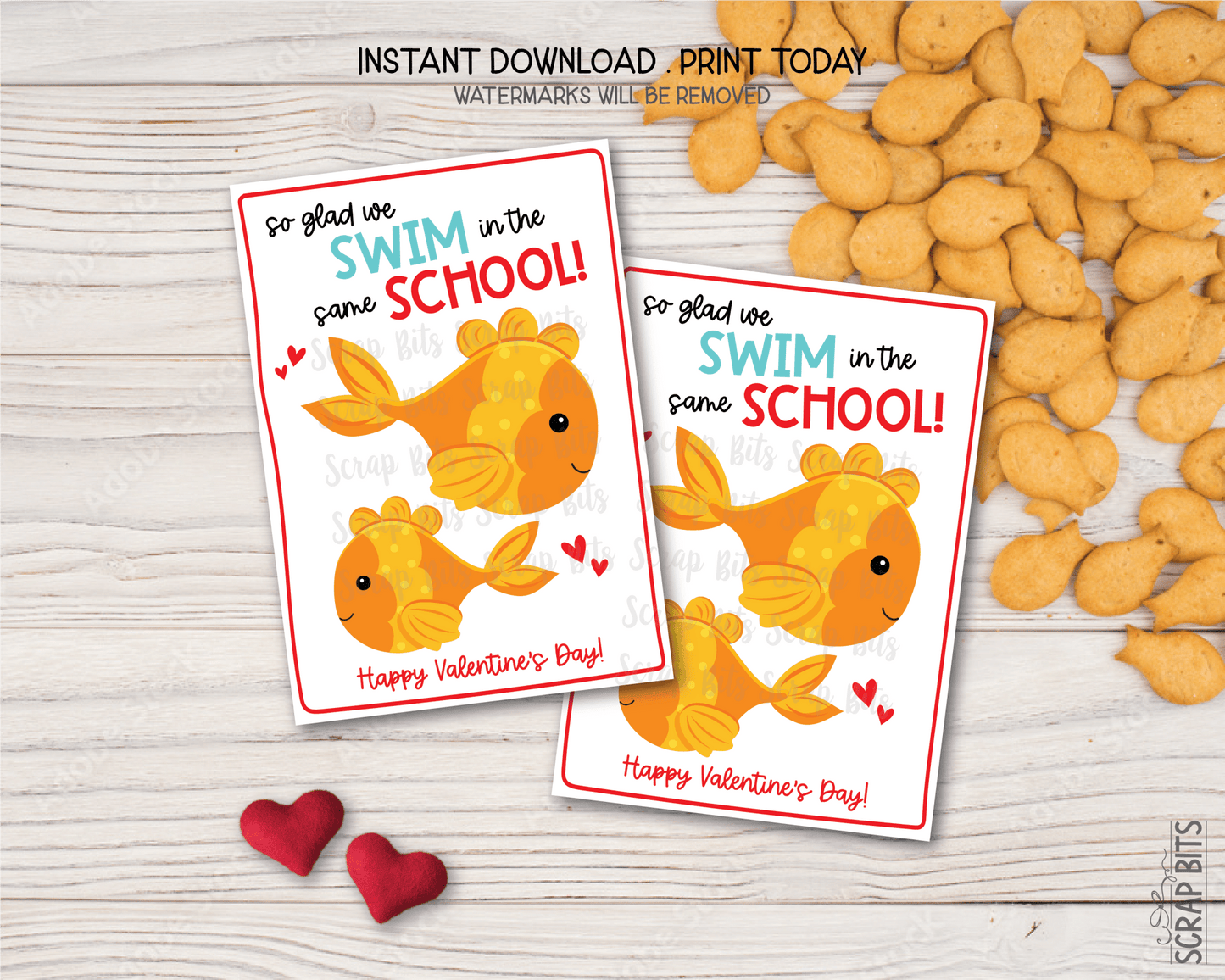 Goldfish Valentines, Swim In The Same School, Printable Classroom Exchange Cards, Instant Download - Scrap Bits