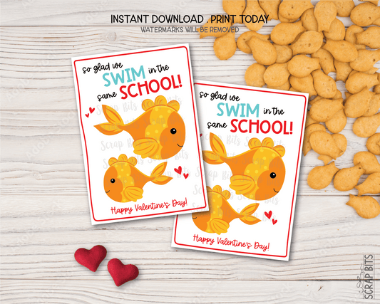 Goldfish Valentines, Swim In The Same School, Printable Classroom Exchange Cards, Instant Download - Scrap Bits