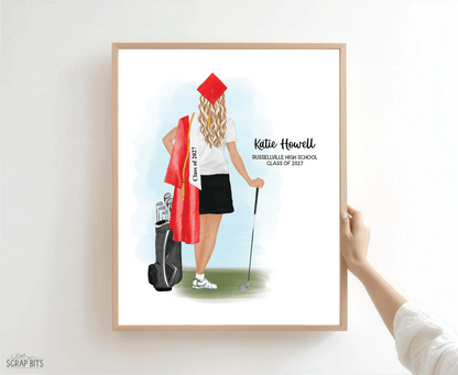 Golfer (Female) Graduation Portrait Print, Custom Digital Drawing - Scrap Bits