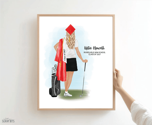 Golfer (Female) Graduation Portrait Print, Custom Digital Drawing - Scrap Bits