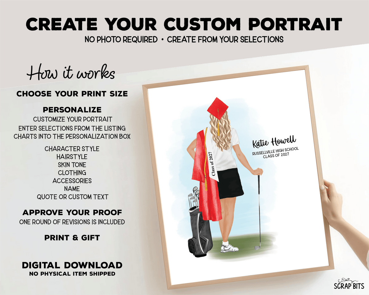 Golfer (Female) Graduation Portrait Print, Custom Digital Drawing - Scrap Bits