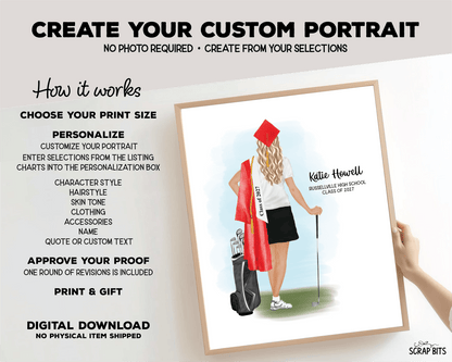Golfer (Female) Graduation Portrait Print, Custom Digital Drawing - Scrap Bits