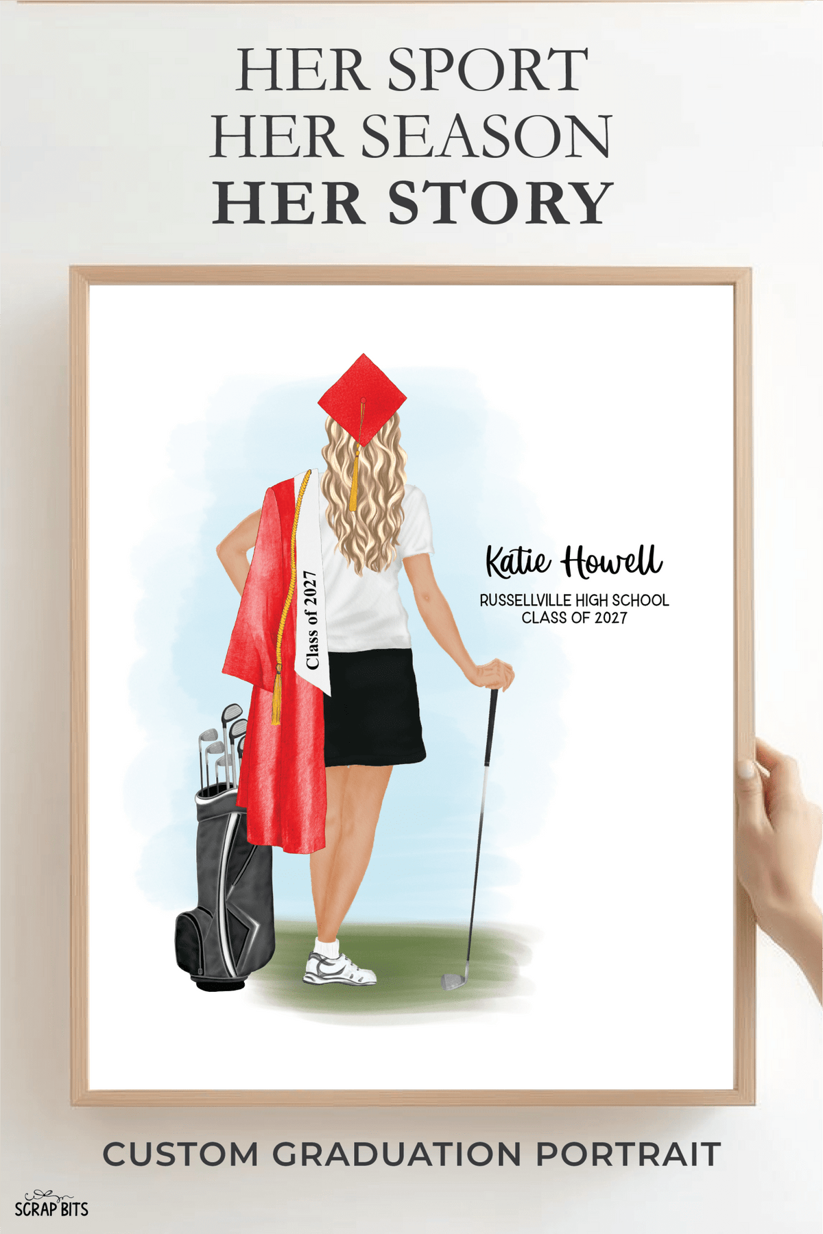 Golfer (Female) Graduation Portrait Print, Custom Digital Drawing - Scrap Bits