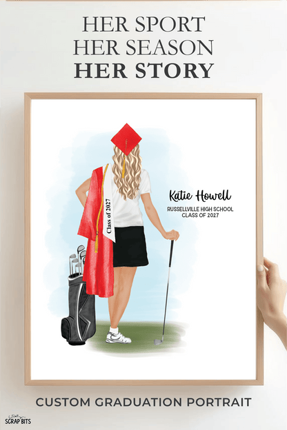 Golfer (Female) Graduation Portrait Print, Custom Digital Drawing - Scrap Bits