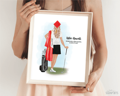 Golfer (Female) Graduation Portrait Print, Custom Digital Drawing - Scrap Bits