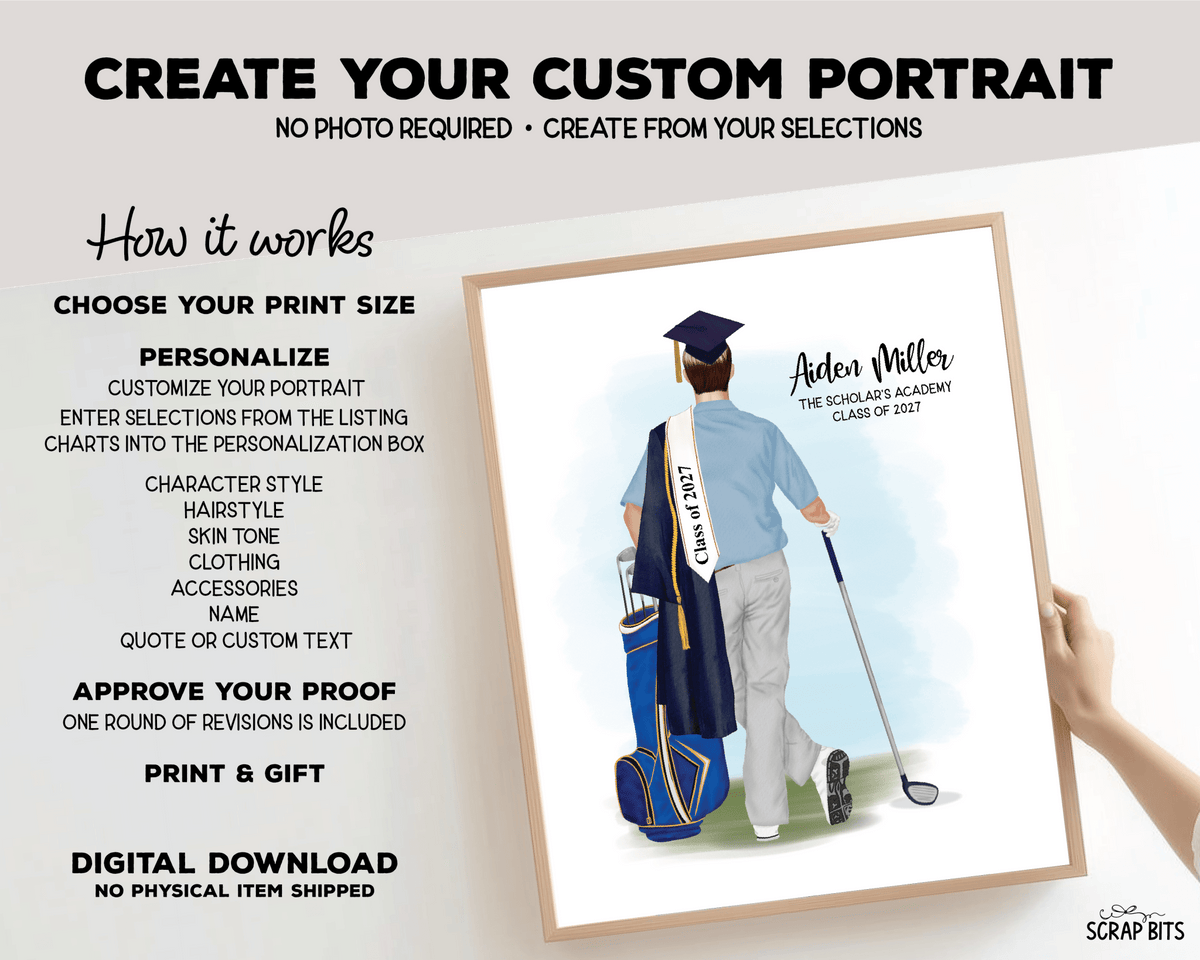 Golfer (Male) Graduation Digital Portrait, Personalized Senior Gift Illustration Print - Scrap Bits