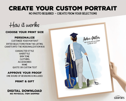 Golfer (Male) Graduation Digital Portrait, Personalized Senior Gift Illustration Print - Scrap Bits