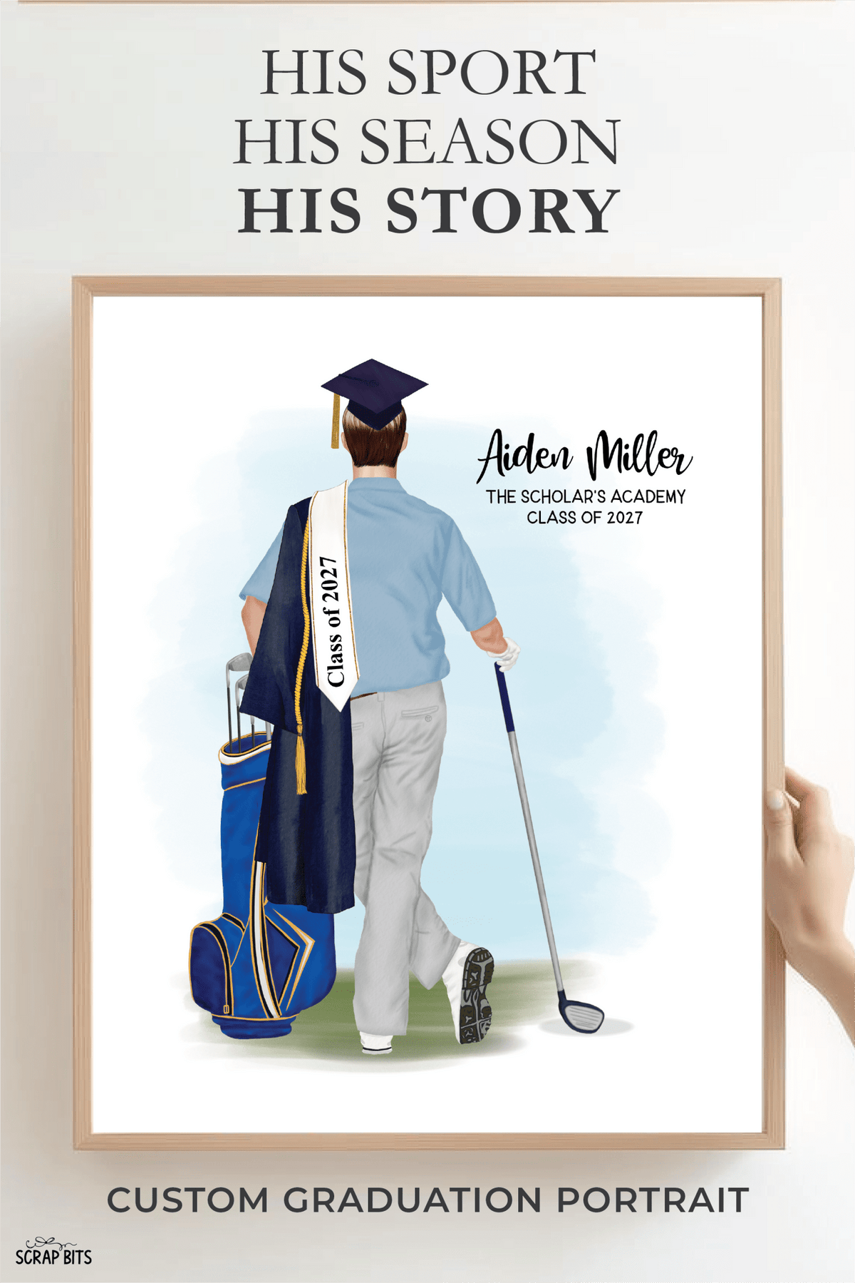 Golfer (Male) Graduation Digital Portrait, Personalized Senior Gift Illustration Print - Scrap Bits