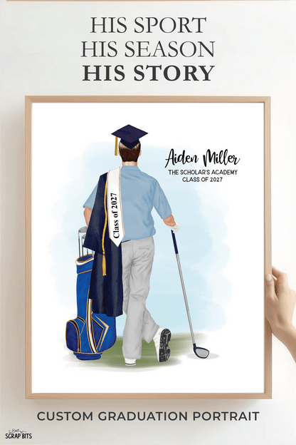 Golfer (Male) Graduation Digital Portrait, Personalized Senior Gift Illustration Print - Scrap Bits