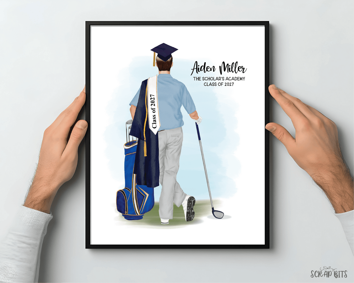 Golfer (Male) Graduation Digital Portrait, Personalized Senior Gift Illustration Print - Scrap Bits