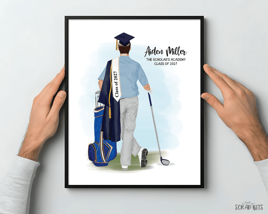 Golfer (Male) Graduation Digital Portrait, Personalized Senior Gift Illustration Print - Scrap Bits