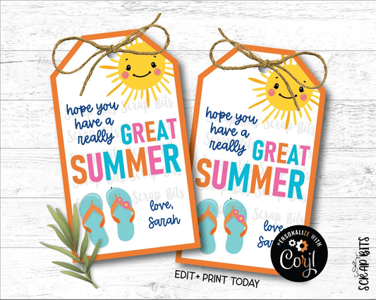 Great Summer Flip Flops Last Day of School Tags, Angle Top, EDITABLE Printable Digital Download - Scrap Bits
