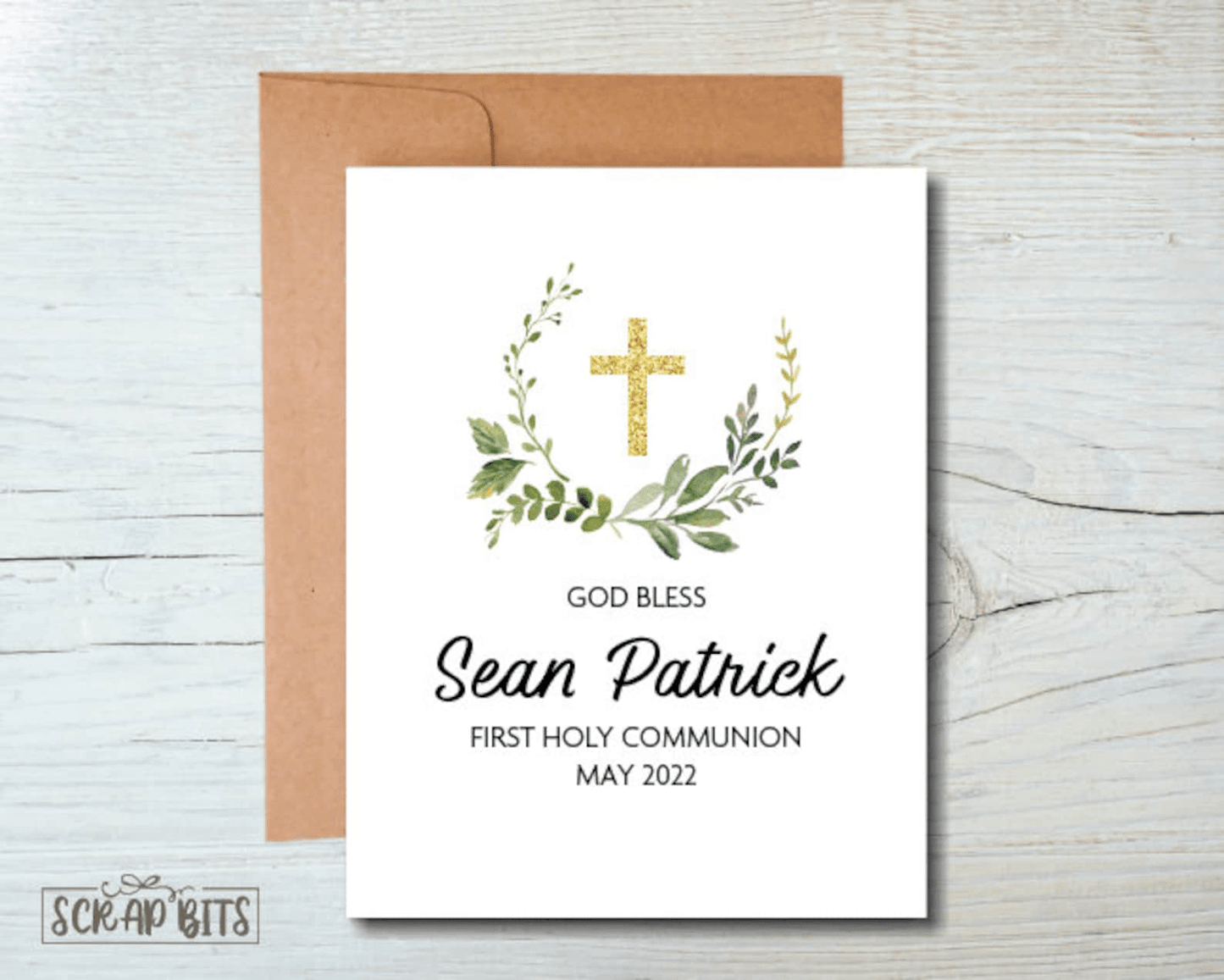 Greenery Wreath Gold Cross, First Holy Communion Card - Scrap Bits