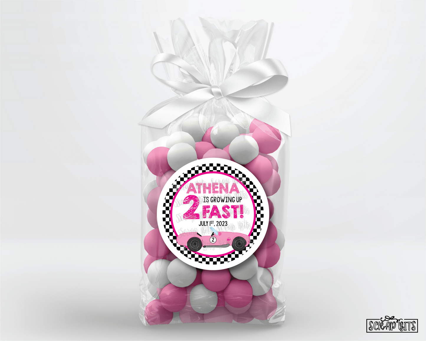 Growing Up 2 Fast, Pink Car Racing Birthday Favor Stickers or Tags - Scrap Bits