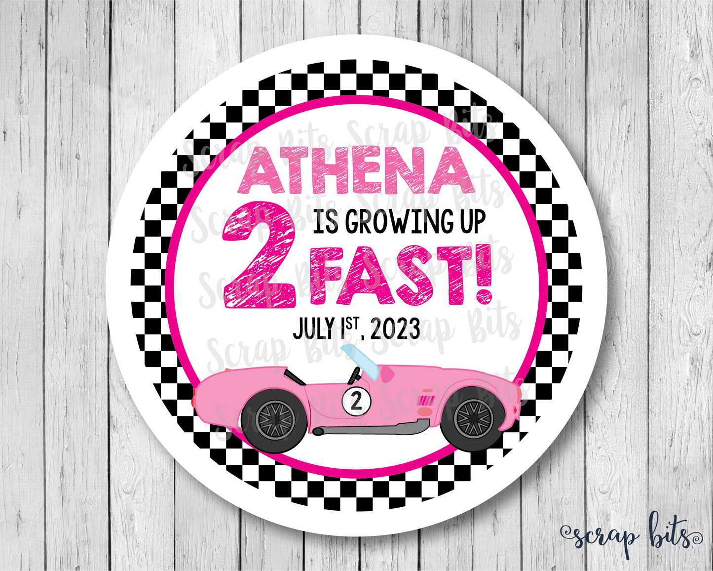 Growing Up 2 Fast, Pink Car Racing Birthday Favor Stickers or Tags - Scrap Bits