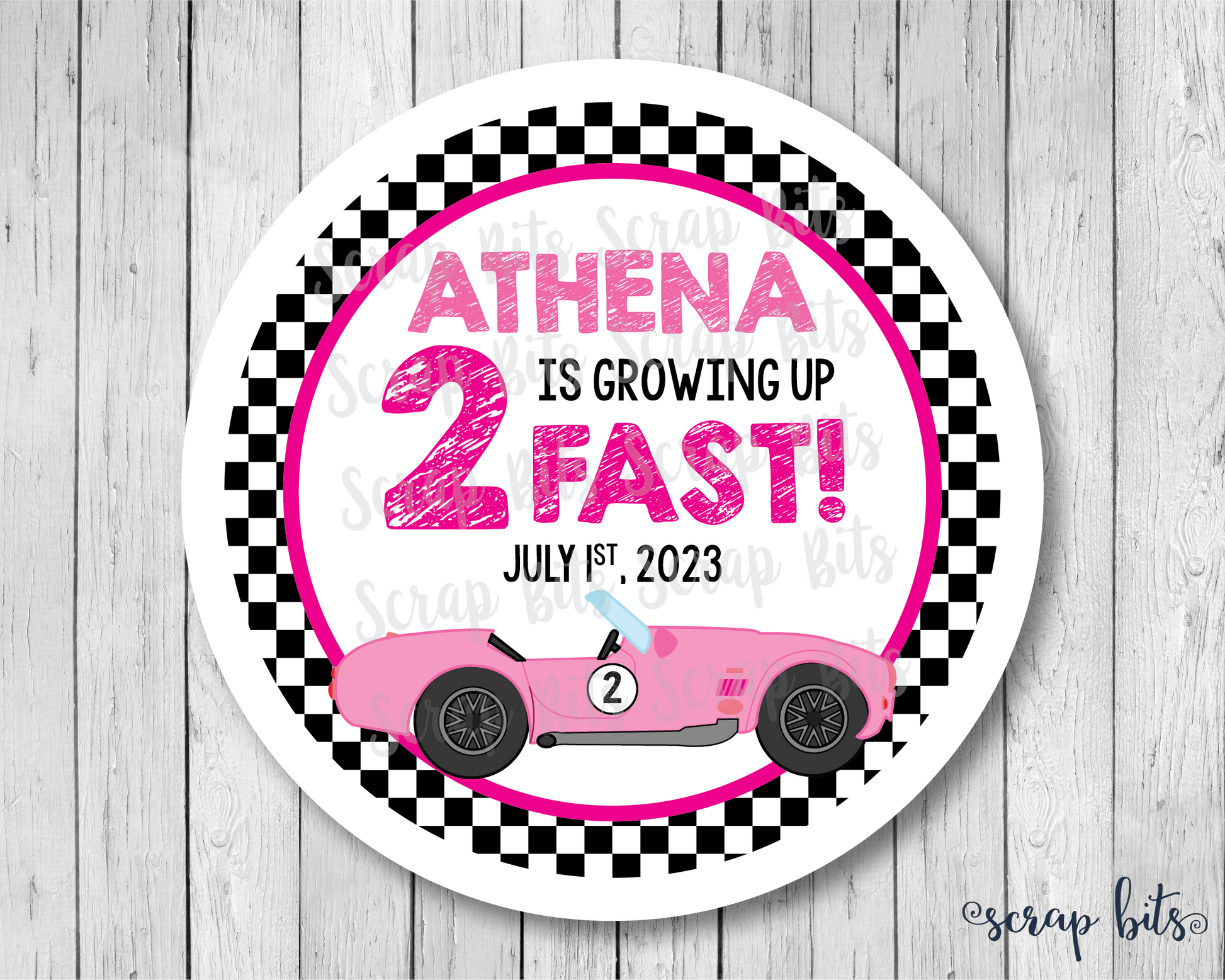 Growing Up 2 Fast, Pink Car Racing Birthday Favor Stickers or Tags - Scrap Bits