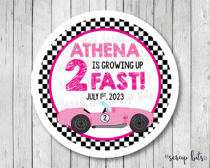 Growing Up 2 Fast, Pink Car Racing Birthday Favor Stickers or Tags - Scrap Bits