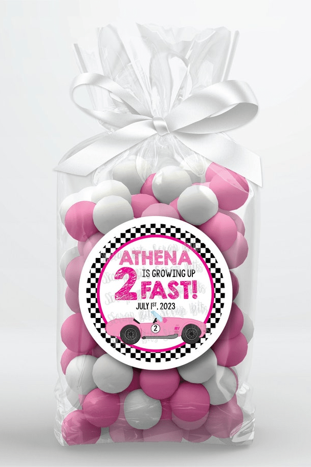 Growing Up 2 Fast, Pink Car Racing Birthday Favor Stickers or Tags - Scrap Bits