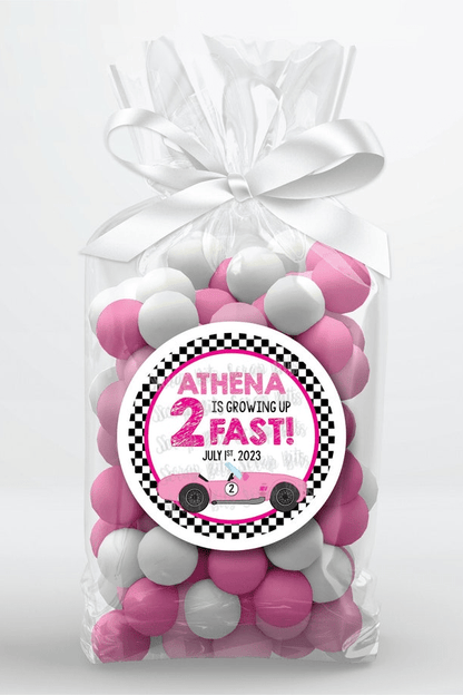 Growing Up 2 Fast, Pink Car Racing Birthday Favor Stickers or Tags - Scrap Bits