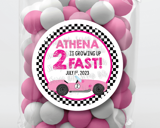 Growing Up 2 Fast, Pink Car Racing Birthday Favor Stickers or Tags - Scrap Bits