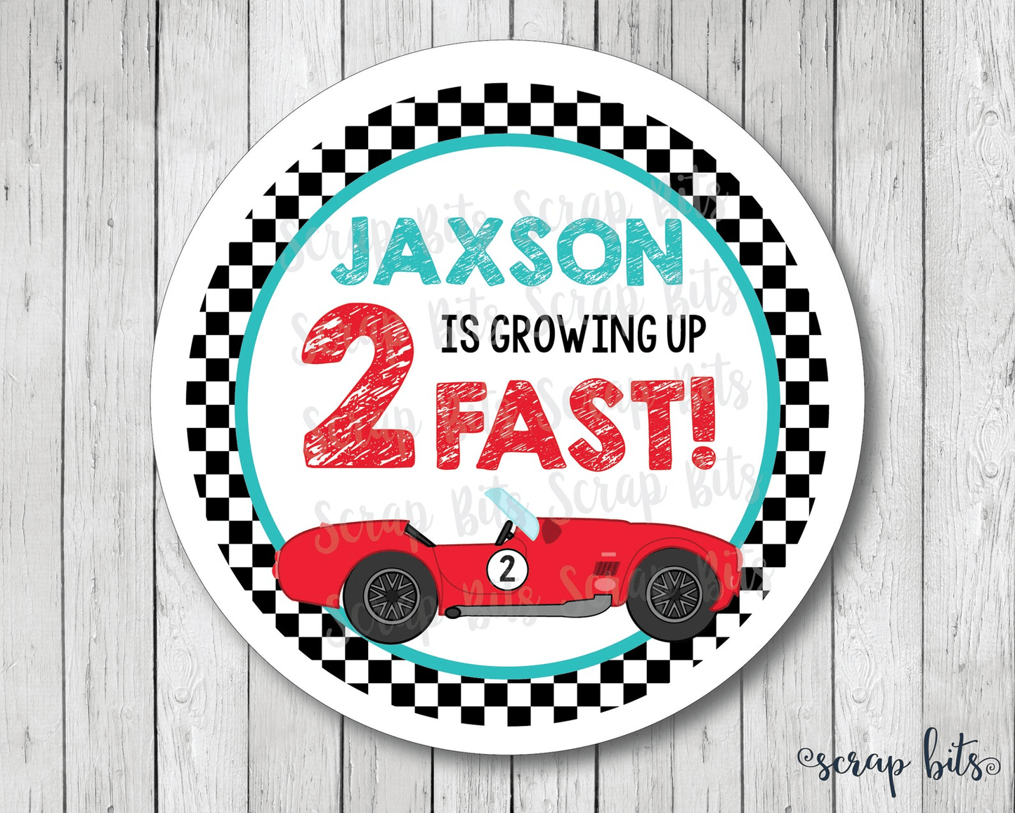 Growing Up 2 Fast, Red Car Racing Birthday Favor Stickers or Tags - Scrap Bits
