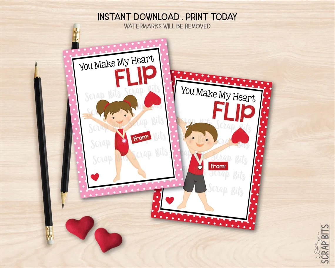 Gymnast Valentines, You Make My Heart Flip, Printable Classroom Exchange Cards, Instant Download - Scrap Bits