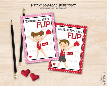 Gymnast Valentines, You Make My Heart Flip, Printable Classroom Exchange Cards, Instant Download - Scrap Bits