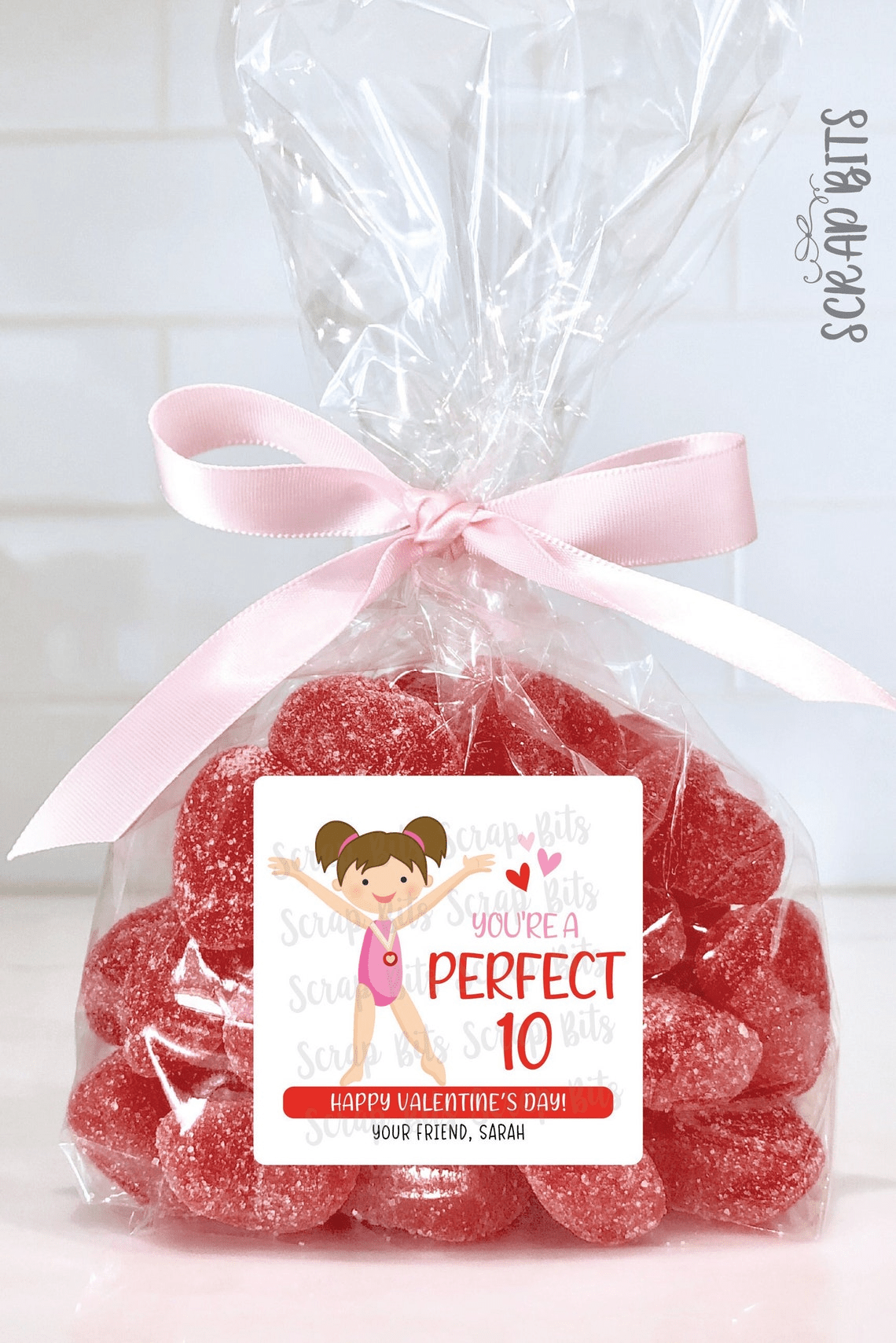 Gymnast Valentines, You're A Perfect 10, Valentine Treat Bag Stickers - Scrap Bits