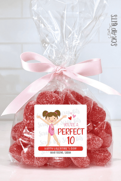 Gymnast Valentines, You're A Perfect 10, Valentine Treat Bag Stickers - Scrap Bits