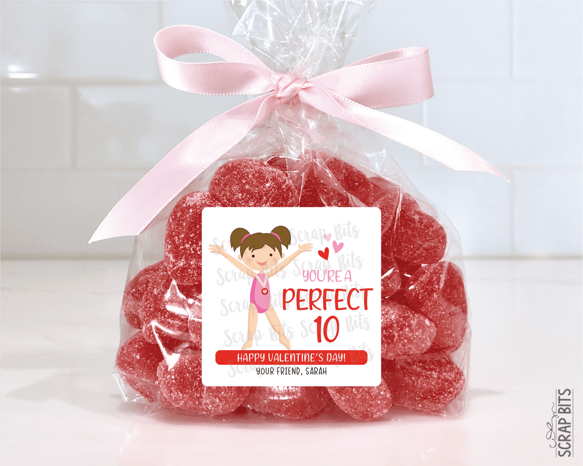 Gymnast Valentines, You're A Perfect 10, Valentine Treat Bag Stickers - Scrap Bits