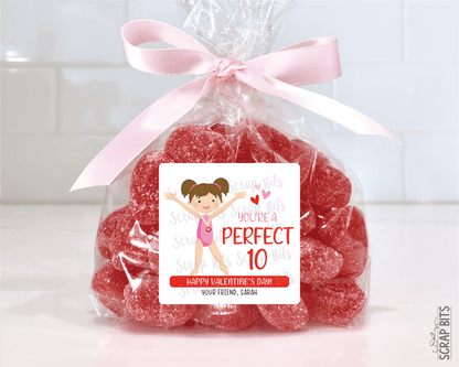 Gymnast Valentines, You're A Perfect 10, Valentine Treat Bag Stickers - Scrap Bits
