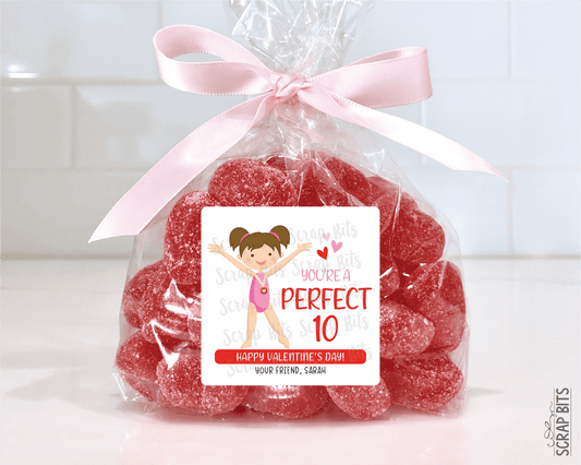 Gymnast Valentines, You're A Perfect 10, Valentine Treat Bag Stickers - Scrap Bits