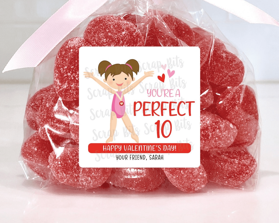 Gymnast Valentines, You're A Perfect 10, Valentine Treat Bag Stickers - Scrap Bits