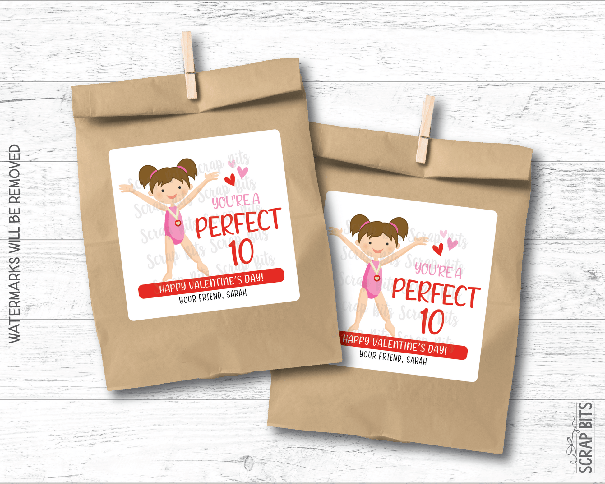 Gymnast Valentines, You're A Perfect 10, Valentine Treat Bag Stickers - Scrap Bits