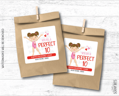 Gymnast Valentines, You're A Perfect 10, Valentine Treat Bag Stickers - Scrap Bits