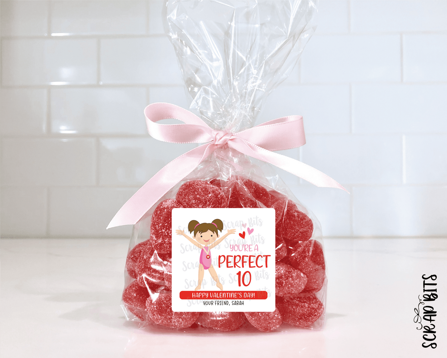 Gymnast Valentines, You're A Perfect 10, Valentine Treat Bag Stickers - Scrap Bits
