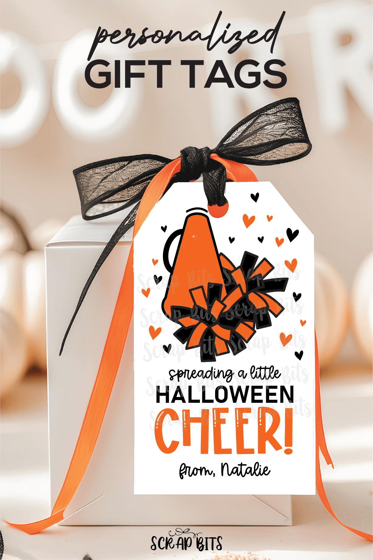 Halloween Cheer Tags, Megaphone + Pom Poms, Personalized Halloween Gift Tags - Scrap Bits